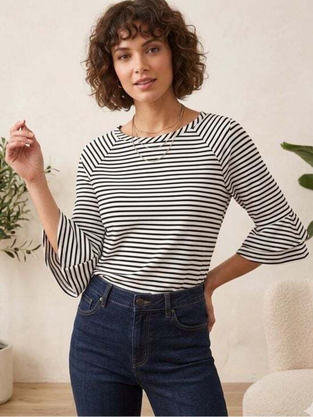 Rafaella Black White Striped Boatneck Bell Sleeve Blouse Top Sz L Small